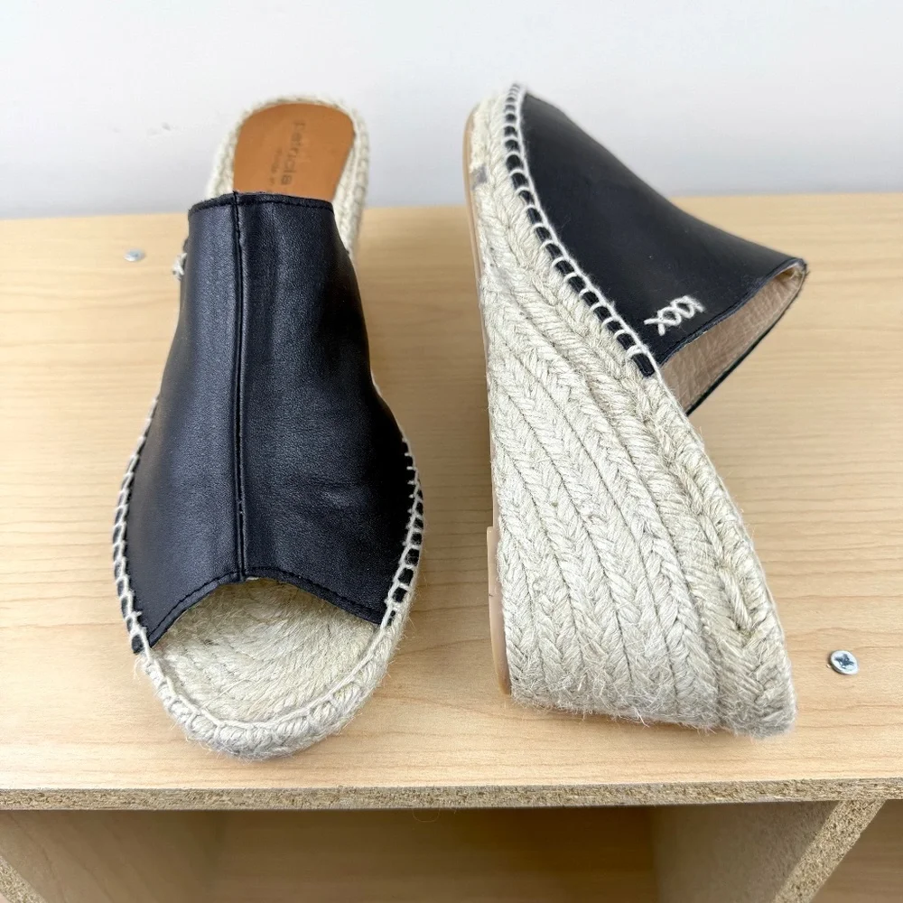 Patricia Green Espadrille Slides Black Leather Wedge (10)